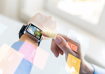Image showing close up of female hands with news on smart watch