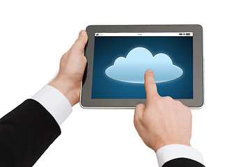 Image showing close up of hands with cloud icon on tablet pc