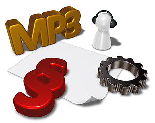 Image showing mp3 tag, paragraph symbol and pawn with headphones - 3d rendering