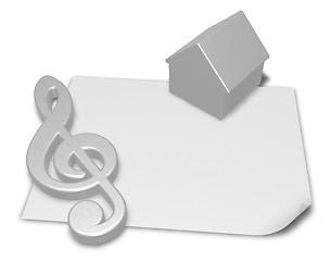 Image showing clef symbol and house symbol on blank white paper sheet - 3d rendering