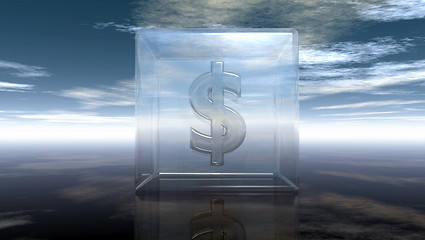 Image showing dollar symbol in glass cube under cloudy blue sky - 3d illustration