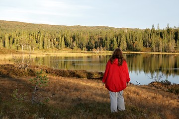 Image showing Woman standing by a tarn