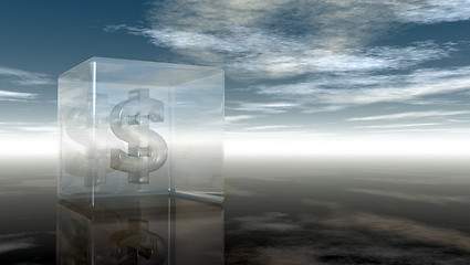 Image showing dollar symbol in glass cube under cloudy blue sky - 3d illustration