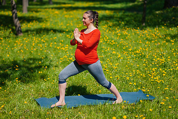 Image showing Pregnant woman doing asana Virabhadrasana outdoors