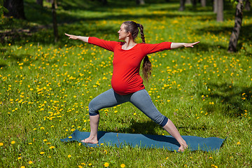 Image showing Pregnant woman doing asana Virabhadrasana outdoors