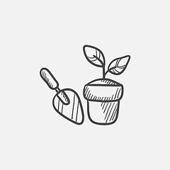 Image showing Garden trowel and pot with plant sketch icon.