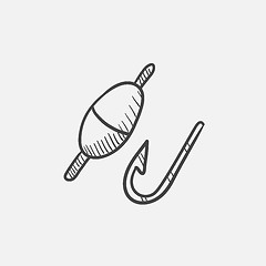 Image showing Fishing hook with bobber sketch icon.