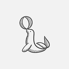 Image showing Trained fur seal playing with ball sketch icon.