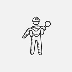 Image showing Fireman holding person on hands sketch icon.