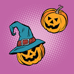 Image showing Evil Halloween pumpkin hat pilgrim