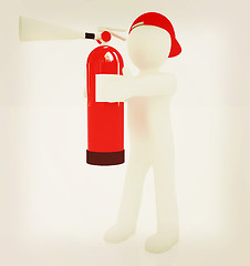 Image showing 3d man with red fire extinguisher . 3D illustration. Vintage sty