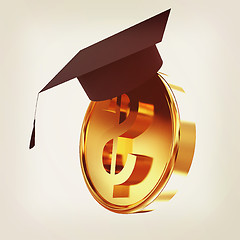 Image showing Graduation hat on gold dollar coin. 3D illustration. Vintage sty