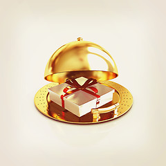 Image showing Illustration of a luxury gift on restaurant cloche. 3D illustrat