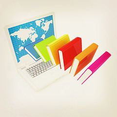 Image showing Colorful books flying and laptop . 3D illustration. Vintage styl