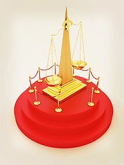 Image showing Gold scales of justice on 3d carpeting podium with gold handrail