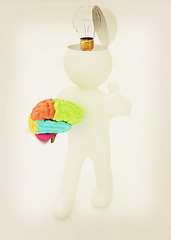 Image showing 3d people - man with half head, brain and trumb up. Idea concept