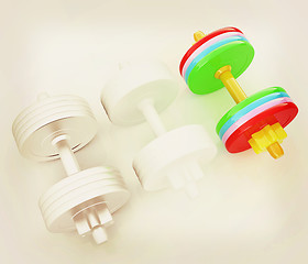Image showing Colorfull dumbbells on a white background. 3D illustration. Vint