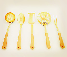 Image showing gold cutlery on white background . 3D illustration. Vintage styl