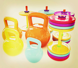 Image showing Colorful weights and dumbbells . 3D illustration. Vintage style.