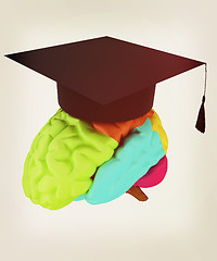 Image showing graduation hat on brain. 3D illustration. Vintage style.