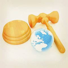 Image showing Wooden gavel and earth isolated on white background. Global auct