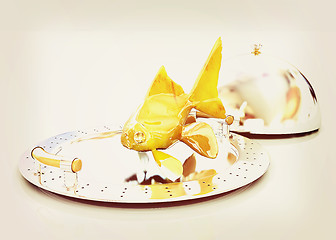 Image showing Gold fish on a restaurant cloche. 3D illustration. Vintage style