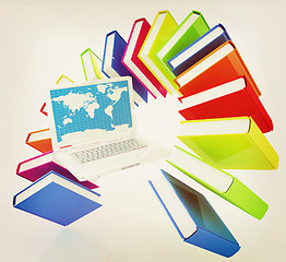 Image showing Laptop and books flying . 3D illustration. Vintage style.