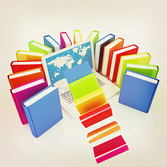 Image showing Colorful books flying and laptop . 3D illustration. Vintage styl