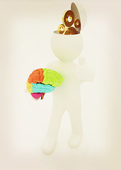 Image showing 3d people - man with half head, brain and trumb up. Concept of t