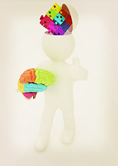 Image showing 3d people - man with half head, brain and trumb up. Idea concept