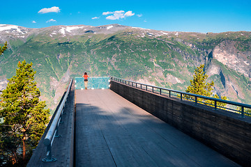 Image showing Woman enjoying scenics from Stegastein Viewpoint