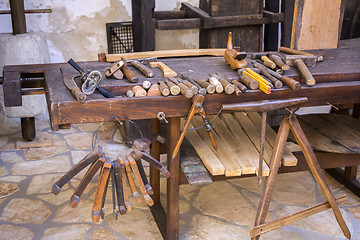 Image showing Vintage woodworking tools on a wooden workbench