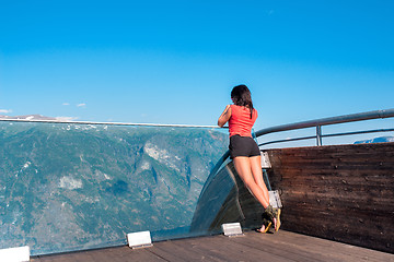 Image showing Woman enjoying scenics from Stegastein Viewpoint