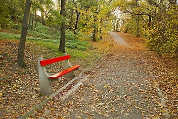 Image showing Autumn park with bench