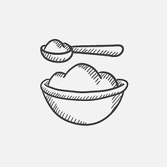 Image showing Baby spoon and bowl full of meal sketch icon.