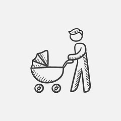 Image showing Man walking with baby stroller sketch icon.