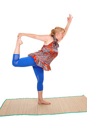 Image showing Yoga trainer standing on one leg .