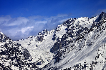Image showing Mountains with glacier in snow at winter sun day