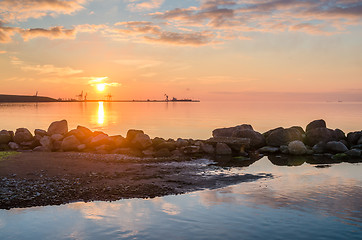 Image showing Sunset on the sea, a type on port