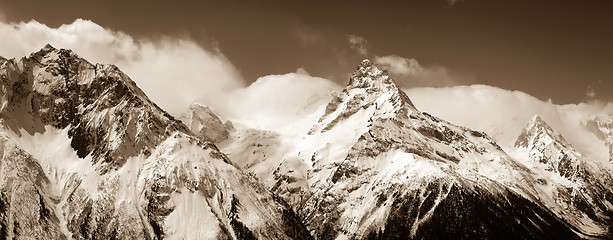 Image showing Panorama of winter mountains in clouds