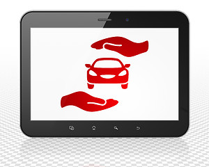 Image showing Insurance concept: Tablet Pc Computer with Car And Palm on display