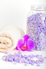 Image showing Salt, towel and orchid