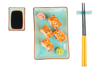Image showing Sushi rolls with masago. Top view.