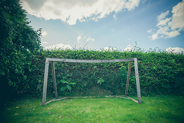 Image showing Backyard soccer goal on a green lawn