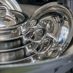 Image showing new modern pots and pans close-up