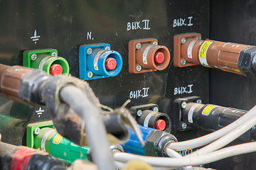 Image showing electrical power cables connected to a temporary outdoors distribution station