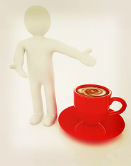 Image showing 3d people - man, person presenting - Mug of coffee with milk. 3D