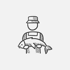 Image showing Fisherman with big fish sketch icon.