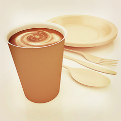 Image showing Fast-food disposable tableware. 3D illustration. Vintage style.