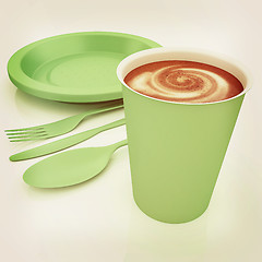 Image showing Fast-food disposable tableware. 3D illustration. Vintage style.